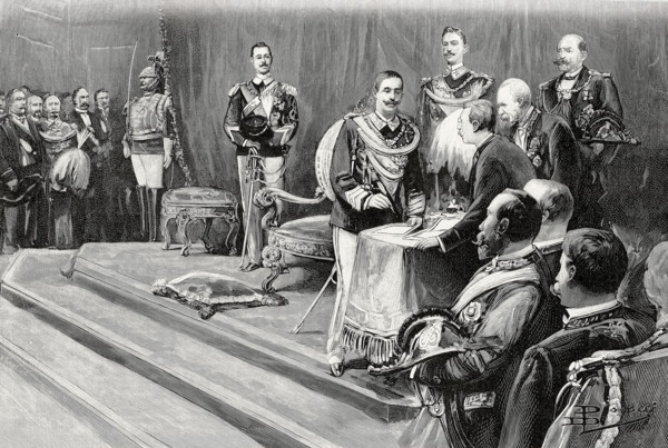 Le roi Victor-Emmanuel III signant à Rome la formule du serment (1900)