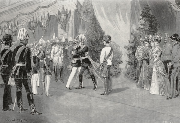 Arrivée de François-Joseph, empereur d'Autriche à la gare de Berlin, accueilli par Guillaume II et le prince impérial  (1900).