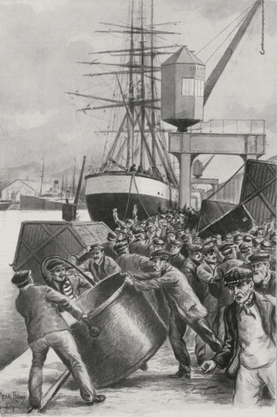 Les émeutiers jetant à l'eau les wagons à charbon et les bennes des grues, pendant les manifestations de grévistes à Dunkerque, le 23 octobre 1902.