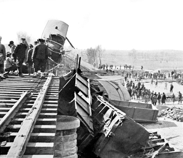 Anarchist attack, 1912. A train blown up by dynamite on a bridge near Chan-Kai-Kouan, in China