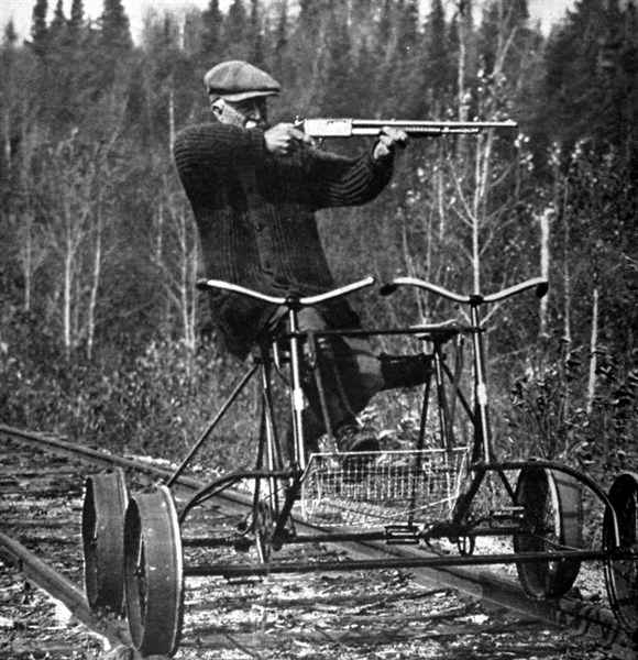 Small truck with pedals used by Canadian park rangers to patrol through the huge forests (1929)