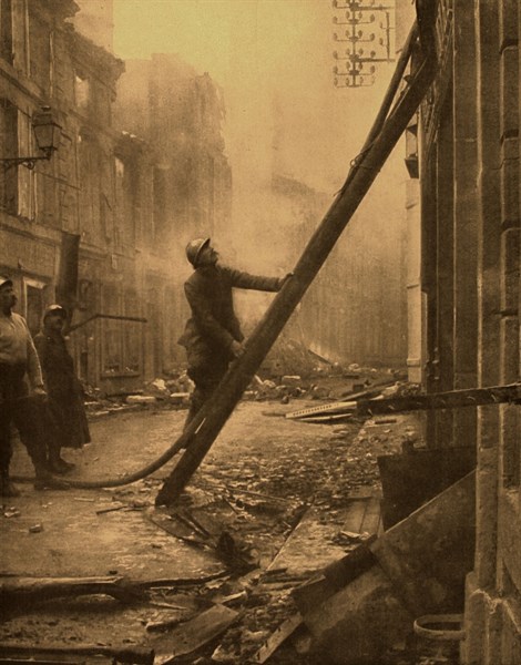 World War I. 
In Verdun, firemen fighting fires started by incendiary shells (1916)