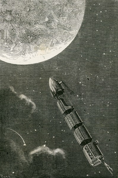 Jules Verne, 'From the Earth to the Moon':
Rocket trains heading towards the Moon