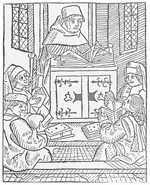 Origins of the university system, ; engraving