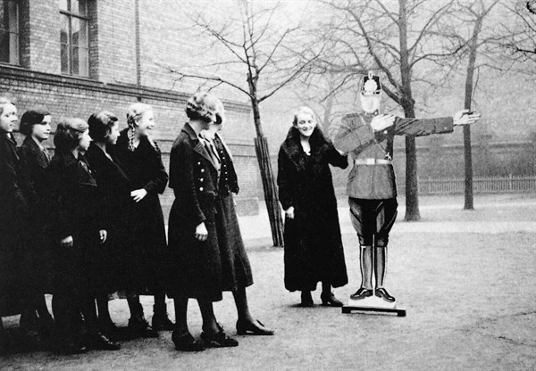 German schoolgirls during a lesson about traffic safety