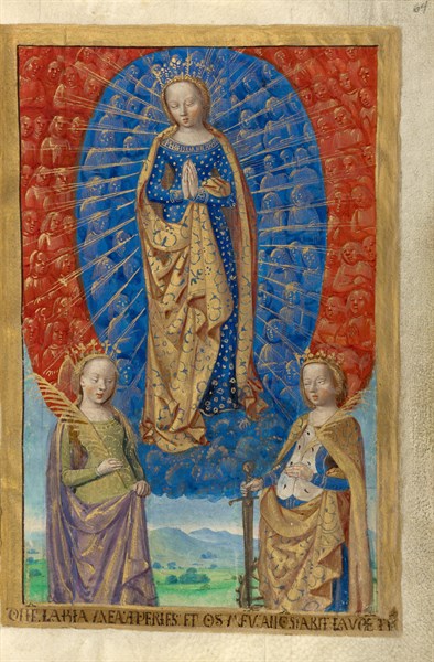 Maître de la Chronique Scandaleuse, La Vierge dans une nuée d'anges avec sainte Barbe et sainte Catherine