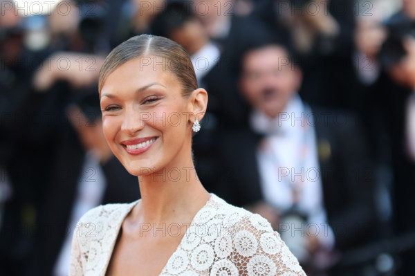 Bella Hadid (Schiaparelli dress by Daniel Roseberry) attends the "La Bataille De Gaulle: L'Âge De