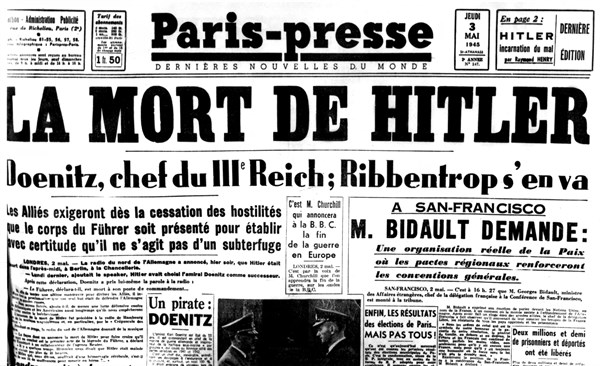Une du journal "Paris-Presse" annonçant la mort de Hitler