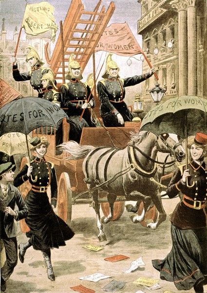 English suffragettes dressed in firemen walking down a londonian street