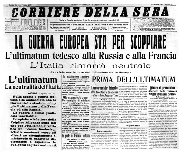 Page de titre du journal "Corrière della Sera" annonçant le début de la guerre