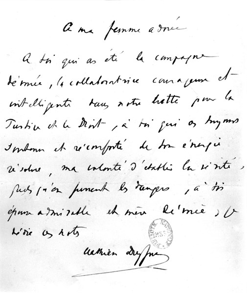 Mathieu Dreyfus' diary. Dedication to his wife