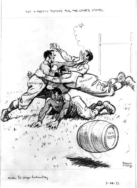 Satirical cartoon by Kirby issued at the time when parties where fighting about prohibition