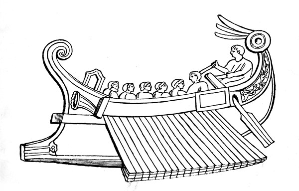Navire romain à trois rangs. in "Dictionnaire des antiquités grecques et romaines" par Daenberg et Saglio.