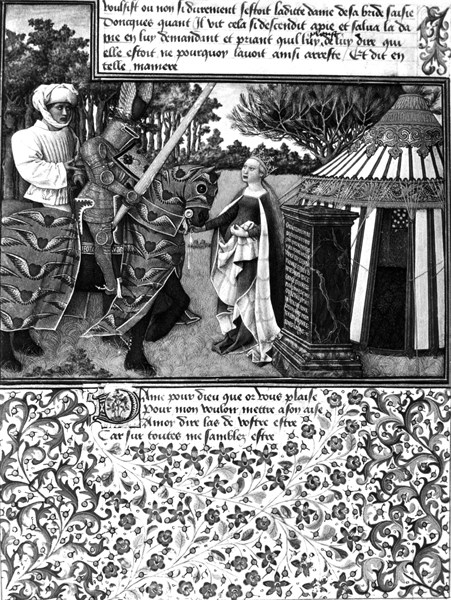 Miniature in "Book of the Heart of King René of Anjou". / Heart and Desire visiting Hope