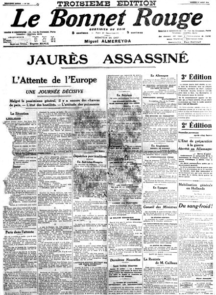 Une du journal "Le bonnet rouge". Assassinat de Jean Jaurès