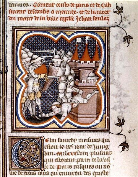 Great Chronicles of France. Attack of the market in Meaux and the death of mayor Jean Soulag, during the Jacquerie (1358)