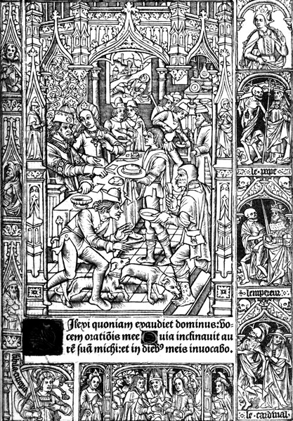 Anonymous engraving, scene of meal from "Heures à Lusaigne de Rome", for Simon Vostre