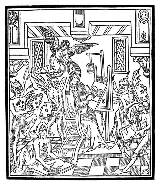 Saint Augustin, surrounded by devils, writing "The City of God"