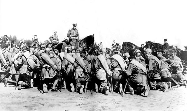 Tsar Nicholas II blessing a regiment leaving for the Russo-Japanese War