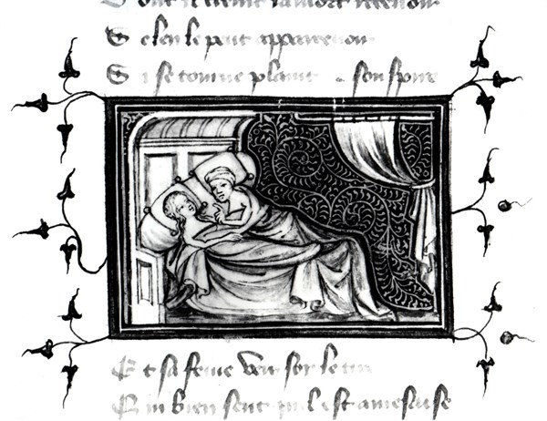 Miniature in 'Romance of the Rose', couple in bed