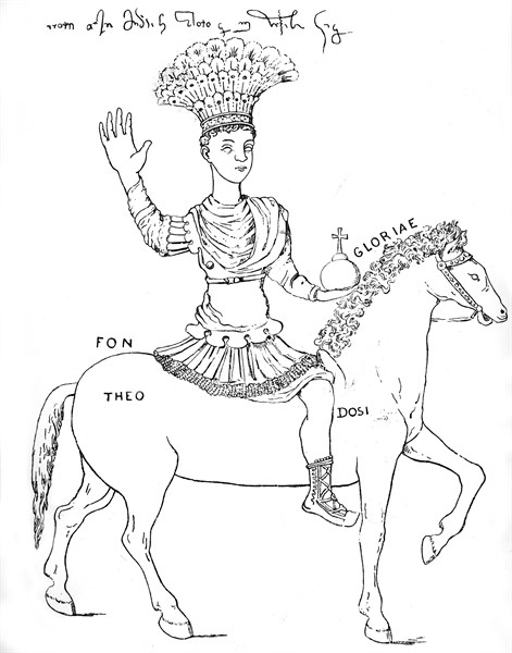 Emperor Justinian. 16thC drawing after an equestrian statue