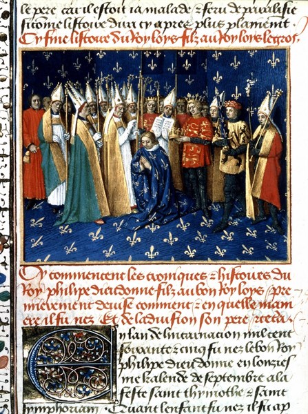 Miniature de Jean Fouquet. Chroniques de Saint-Denis. Couronnement de Philippe Auguste dans la cathédrale de Reims en présence du duc de Normandie, fils du roi Henri II d'Angleterre (1er novembre 1179...