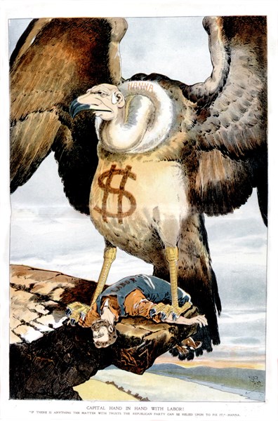 Satirical cartoon from 'The Verdict': The businessman MacHannah bringing down a worker (1899)