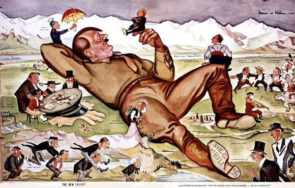 Caricature de Derso et Kelen. A la conférence de Munich, Hitler joue avec tous les hommes d'Etat (1938)