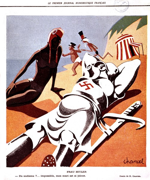 Satirical cartoon by Chancel. France flirting with Germany (1934)