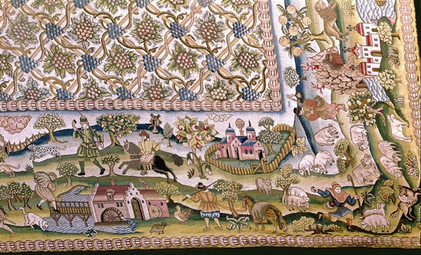 Tapisserie brodée représentant des scènes de la vie anglaise