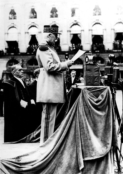 In Nancy marshal Petain is uttering a speech for marshal Lyautey's funeral