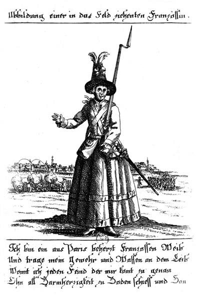 Femme française allant à la guerre. Gravure allemande