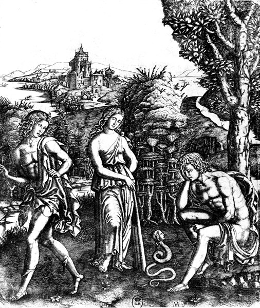 Allégorie assez mystérieuse : une femme, deux hommes, un serpent. On pense que la femme se donnera à celui des deux que le serpent aura séduit