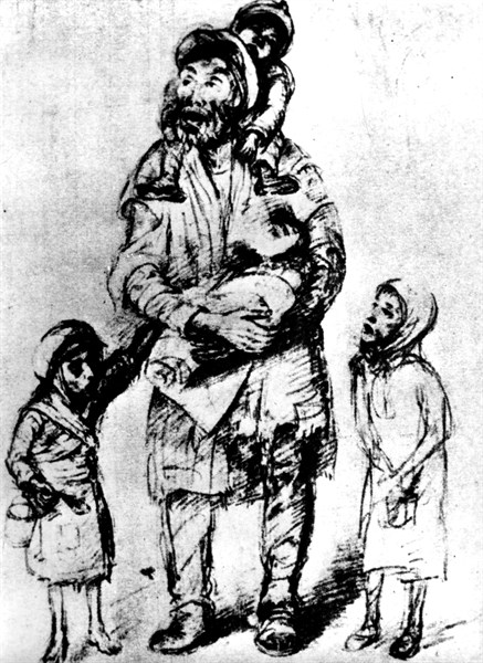 Ghetto in Warsaw. Drawing by Roman Kramsztyk (who lived in the Warsaw ghetto). Man and children