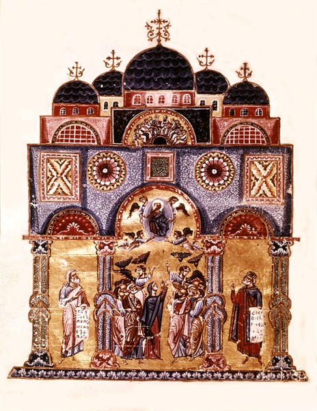 Miniature. Homily of Master Jacques. Ascension. The Church and the Apostles