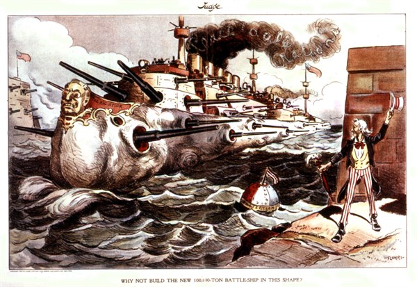 Satirical cartoon in 'Judge' about Theodore Roosevelt's 'Big Stick' policy