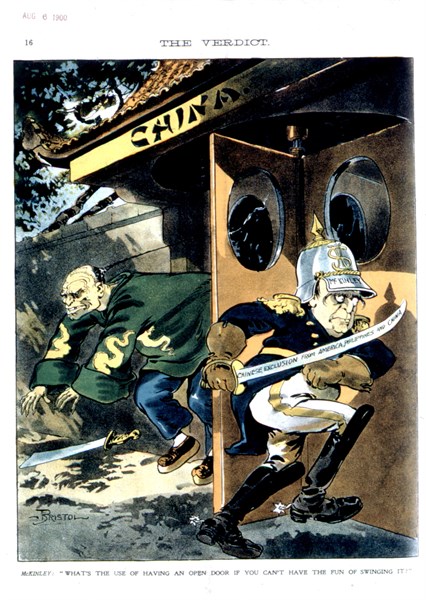 Satirical cartoon in 'The Verdict': McKinley and the Chinese expeled from the United States (August 1900)