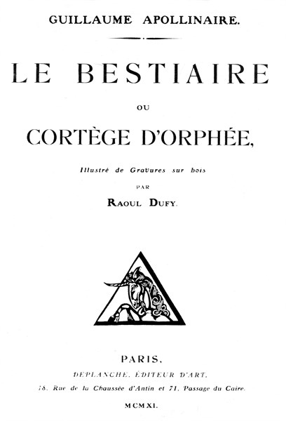 Ouvrage de Guillaume Apollinaire, "Le bestiaire ou Cortège d'Orphée", frontispice