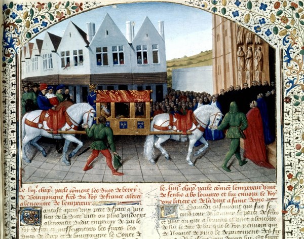 Miniature de Jean Fouquet. Chroniques de Saint-Denis. Charles IV (1355-1378) et son fils sont accueillis par les ducs de Berry et de Bourgogne