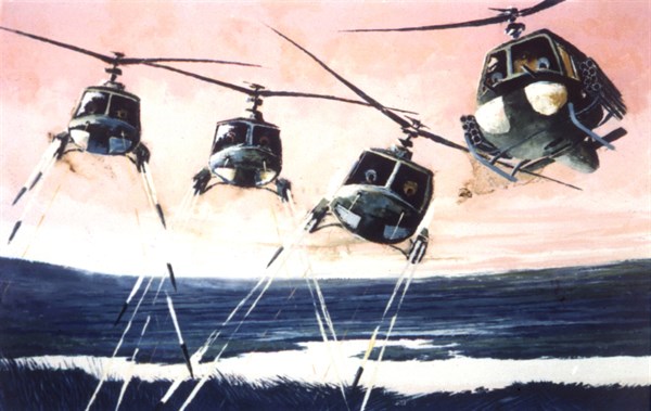 Peinture de Robert Riggs. "Les hélicoptères"