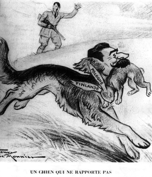 Hitler chasing Stalin, who is running away with Poland and Finland