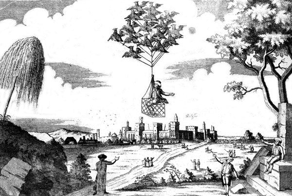 Gravure anonyme. Un homme emporté dans une nacelle tirée par des oiseaux