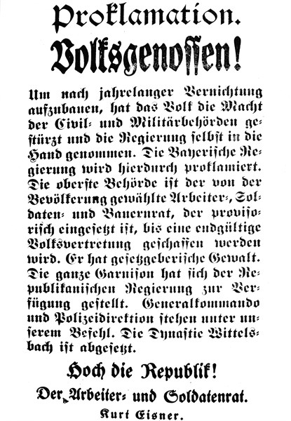 Poster from 8th November 1918. Proclamation by Kurt Eisner to the soliders and workers of the Republic.