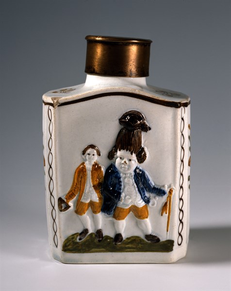 Boîte à thé décorée de figures satiriques : gentilhomme et serviteur