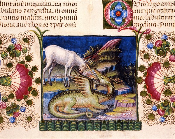 Bible de Borso d'Este, Licorne luttant contre un dragon