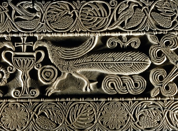 Two peacocks drinking from the Chalice of life (detail)
