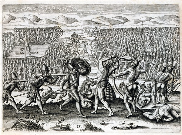 King Outina confronting his enemy Saturiwa with the help of French troops