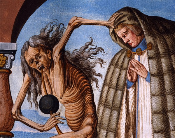Kauw, La Danse des Morts : la Mort avec le prieur et sa vieille servante (détail)
