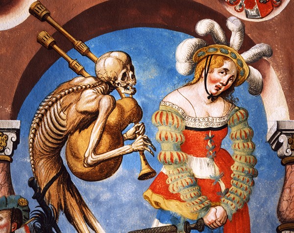 Kauw, La Danse des Morts : la Mort avec le soldat mercenaire et la femme prostituée (détail)