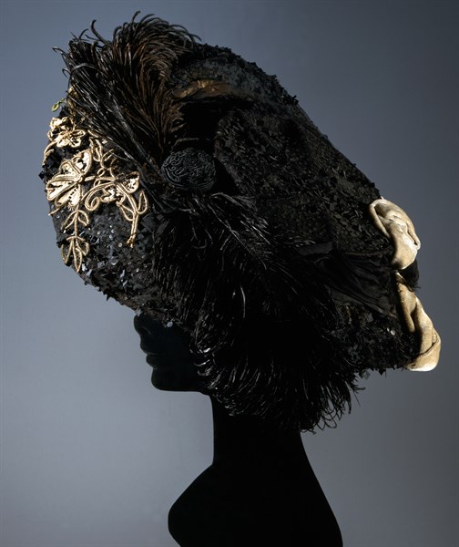 Hat on metal framework covered with tulle and chiffon